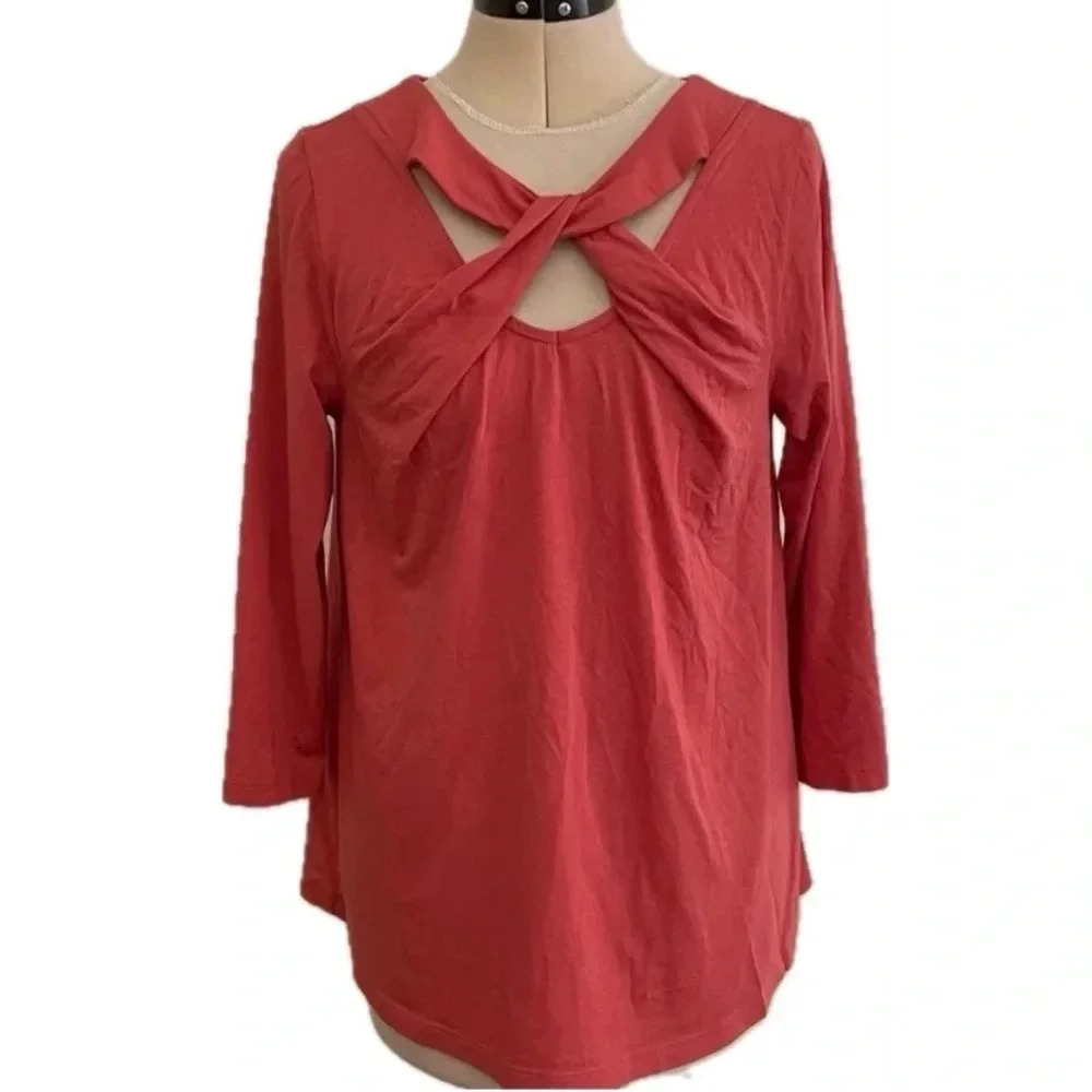 LAST CALL Soft Surroundings Top Women’s Medium Coral Twist Neck 3/4 Sleeves